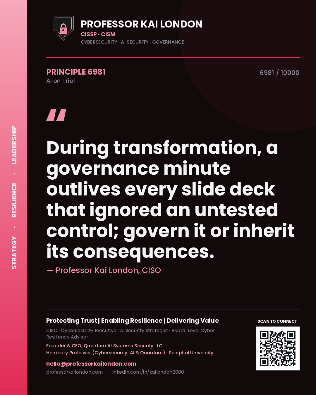 Professor Kai London principle 6981: During transformation, a governance minute outlives every slide deck that ignored an untested control; govern it or inherit its consequences.