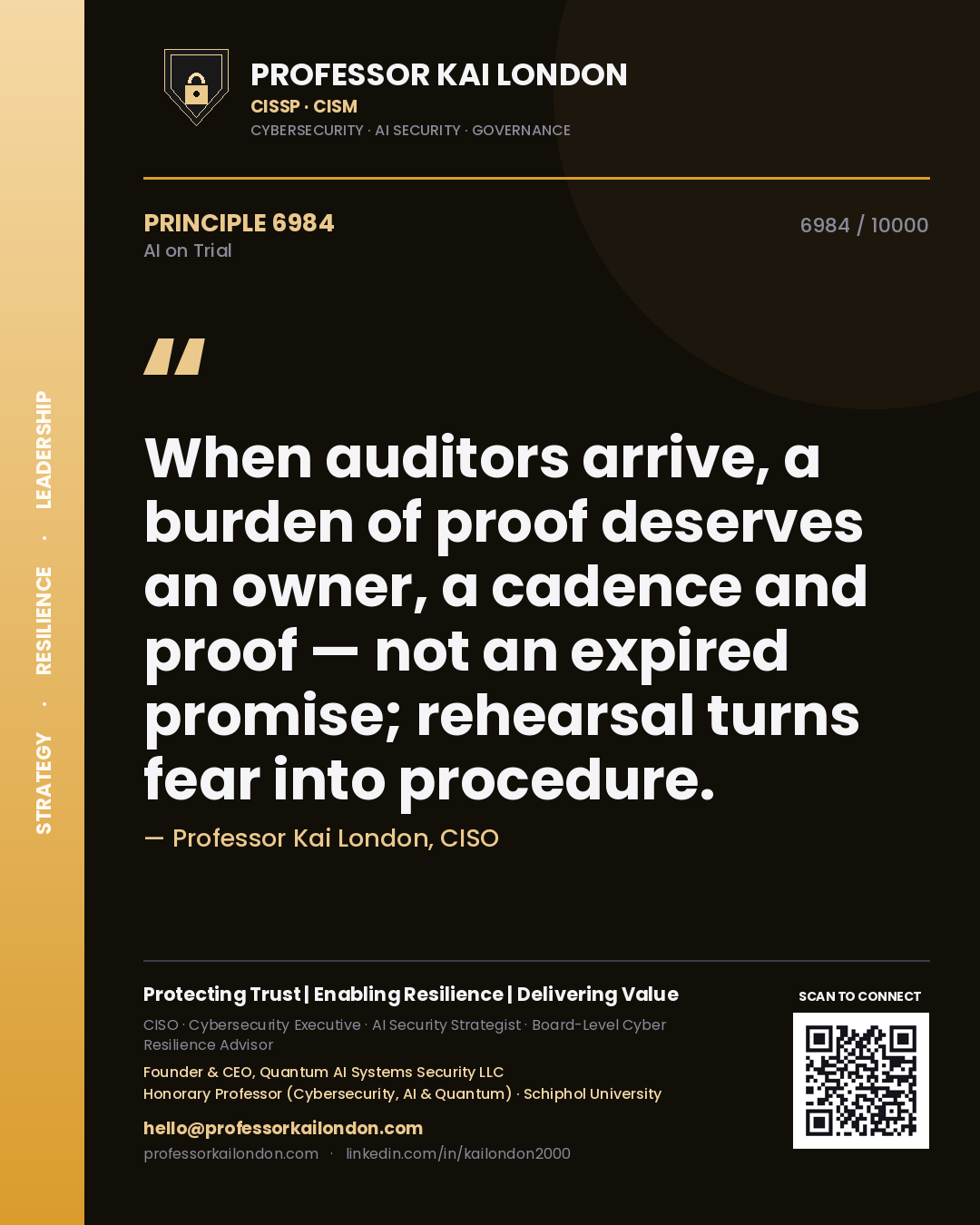 Professor Kai London principle 6984: When auditors arrive, a burden of proof deserves an owner, a cadence and proof — not an expired promise; rehearsal turns fear into procedure.