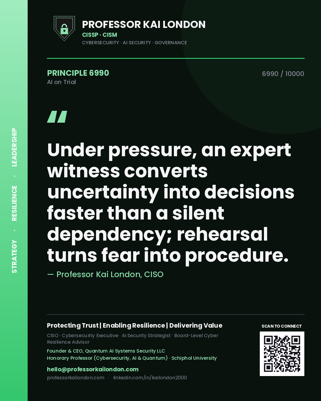 Professor Kai London principle 6990: Under pressure, an expert witness converts uncertainty into decisions faster than a silent dependency; rehearsal turns fear into procedure.