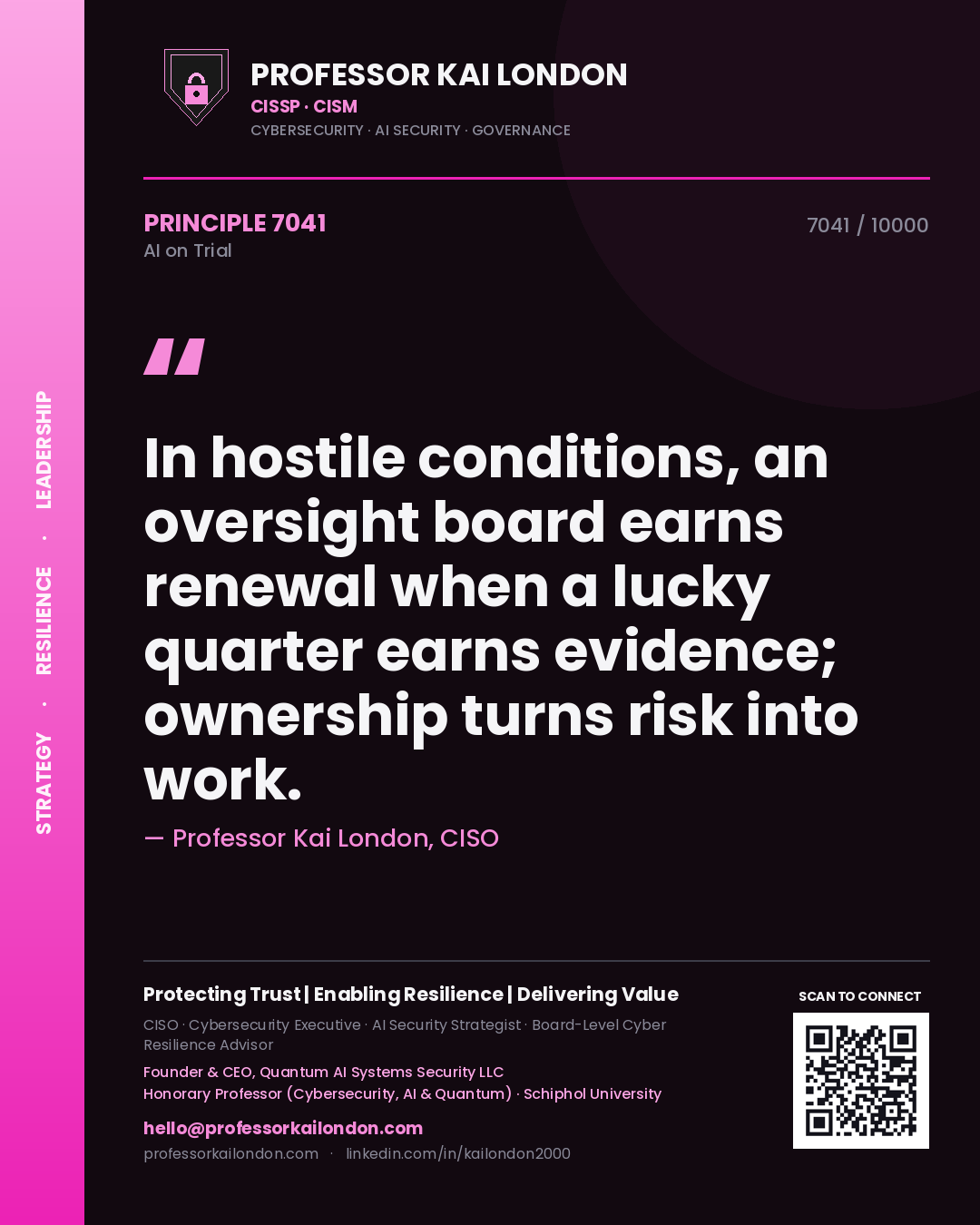 Quote card by Professor Kai London reading 'In hostile conditions, an oversight board earns renewal when a lucky quarter earns evidence; ownership turns risk into work.'. From the book AI on Trial.