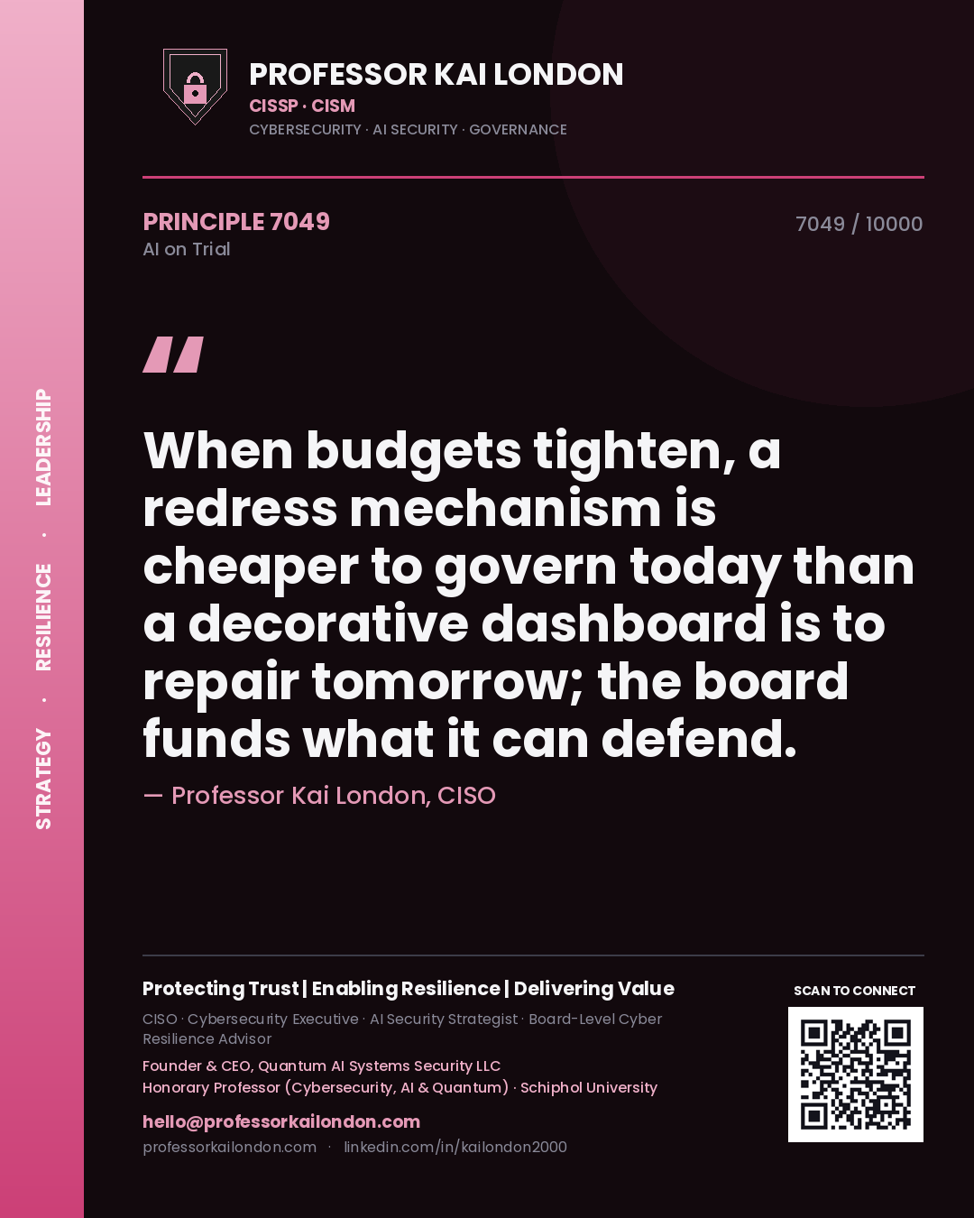 Quote card by Professor Kai London reading 'When budgets tighten, a redress mechanism is cheaper to govern today than a decorative dashboard is to repair tomorrow; the board funds what it can defend.'. From the book AI on Trial.