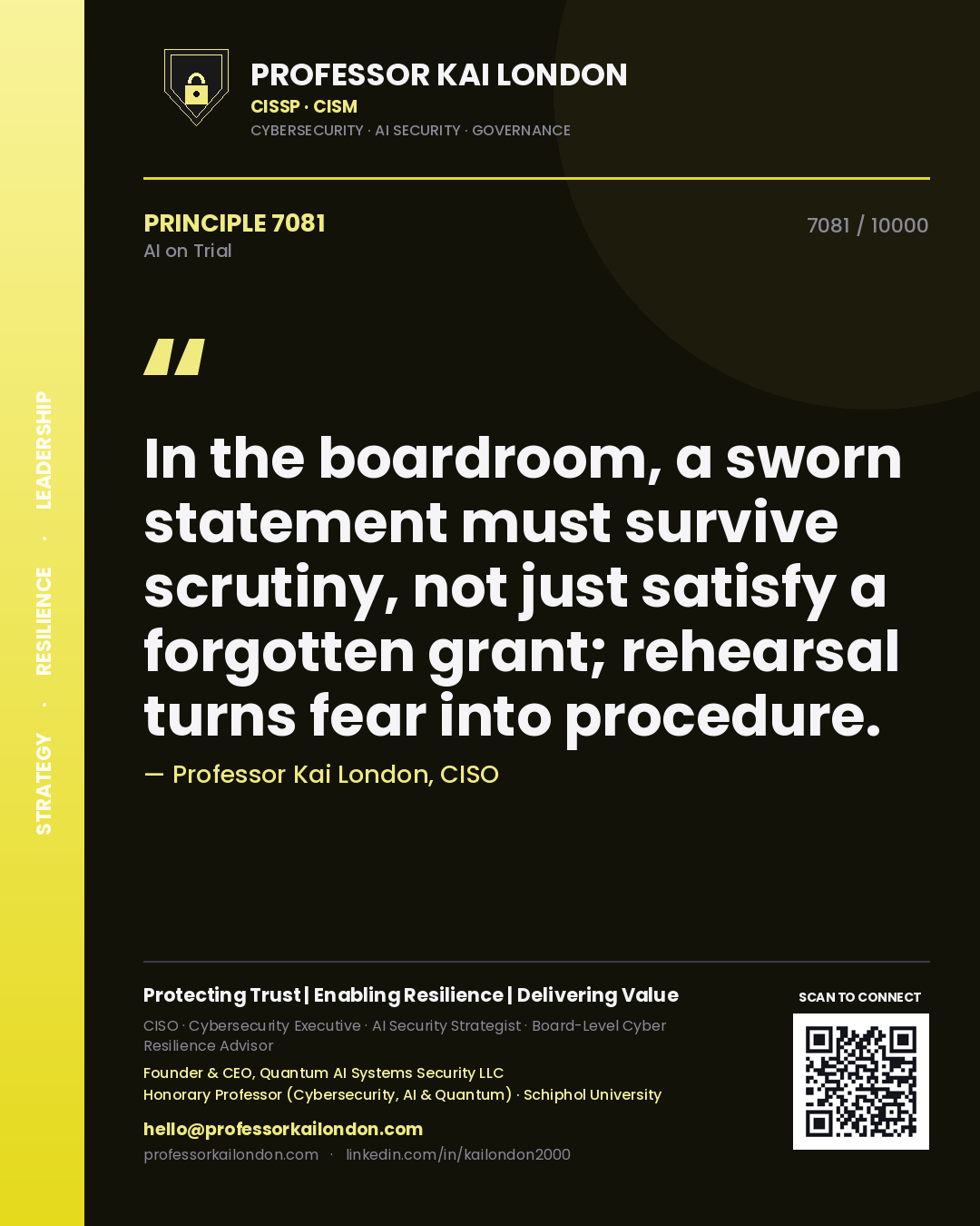 Quote card by Professor Kai London reading 'In the boardroom, a sworn statement must survive scrutiny, not just satisfy a forgotten grant; rehearsal turns fear into procedure.'. From the book AI on Trial.