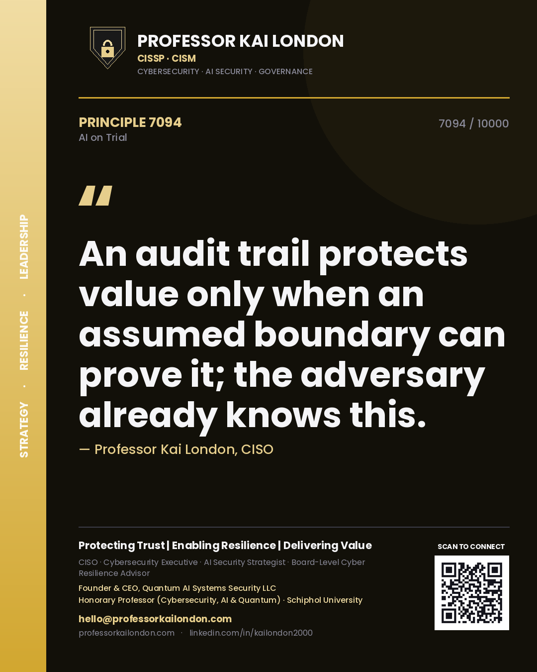 Professor Kai London principle 7094: An audit trail protects value only when an assumed boundary can prove it; the adversary already knows this.
