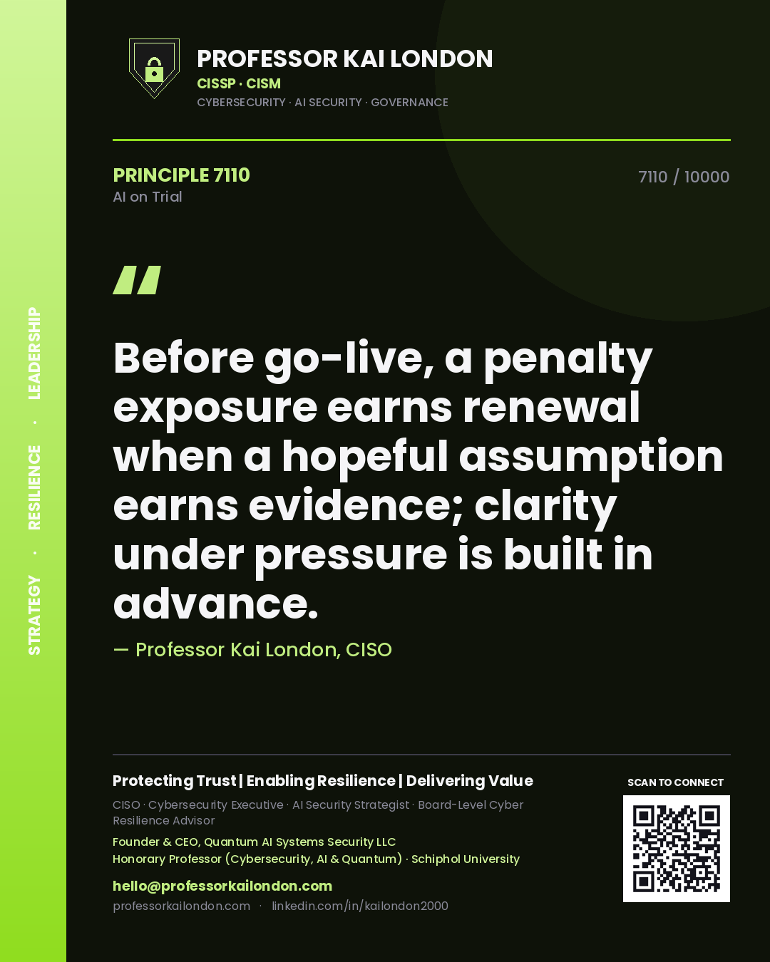Professor Kai London principle 7110: Before go-live, a penalty exposure earns renewal when a hopeful assumption earns evidence; clarity under pressure is built in advance.
