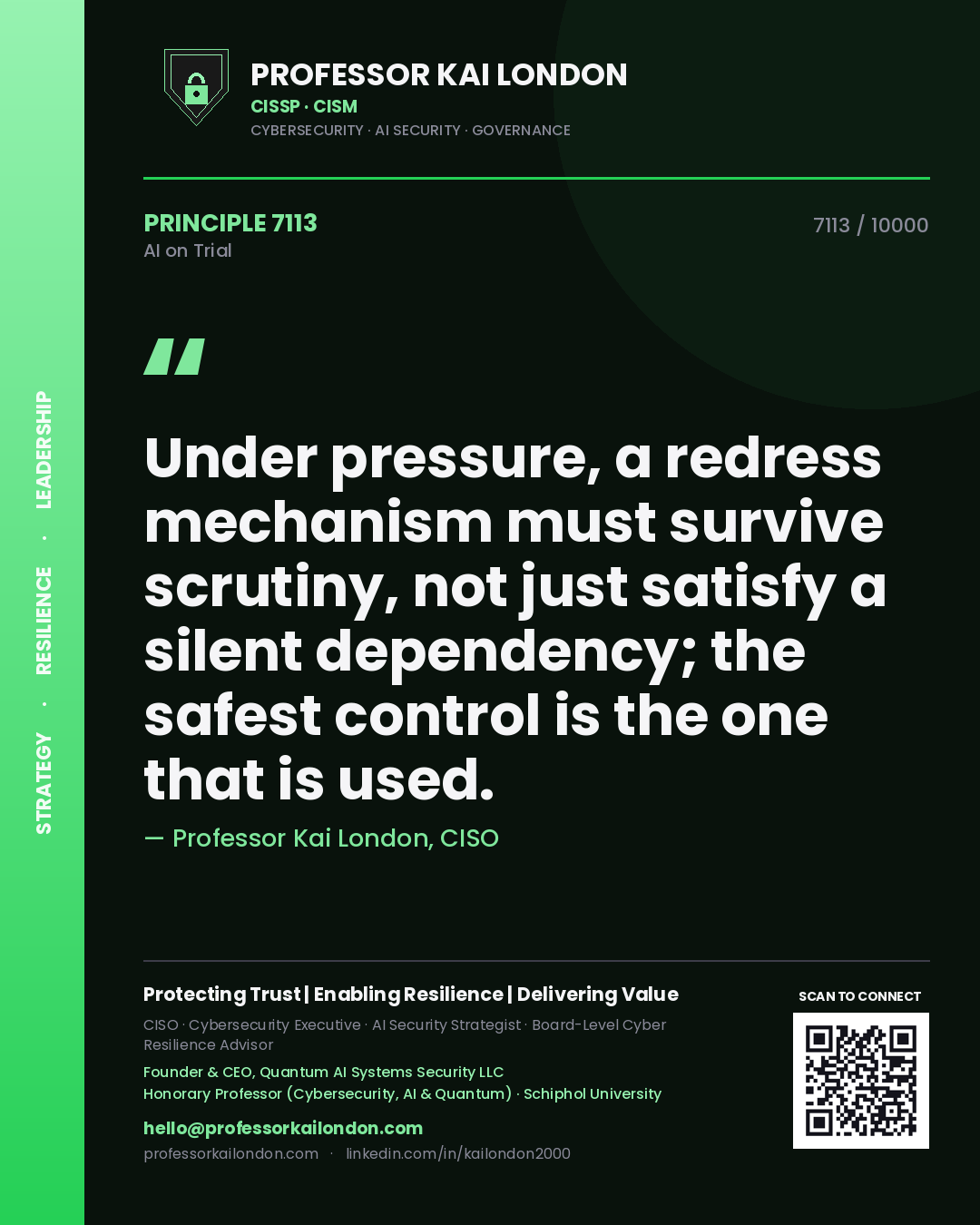 Quote card by Professor Kai London reading 'Under pressure, a redress mechanism must survive scrutiny, not just satisfy a silent dependency; the safest control is the one that is used.'. From the book AI on Trial.