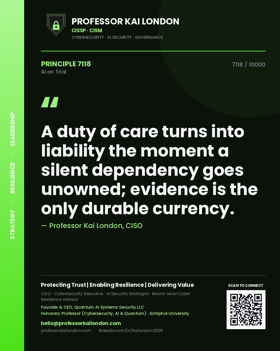Quote card by Professor Kai London reading 'A duty of care turns into liability the moment a silent dependency goes unowned; evidence is the only durable currency.'. From the book AI on Trial.
