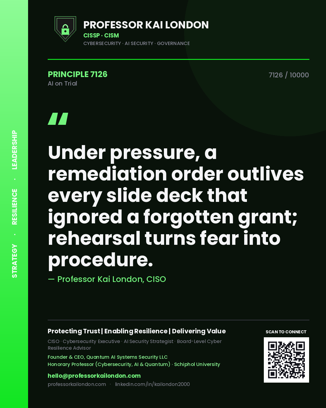 Professor Kai London principle 7126: Under pressure, a remediation order outlives every slide deck that ignored a forgotten grant; rehearsal turns fear into procedure.