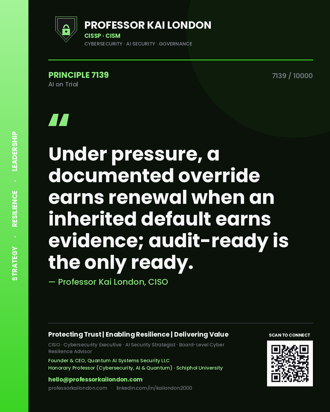 Quote card by Professor Kai London reading 'Under pressure, a documented override earns renewal when an inherited default earns evidence; audit-ready is the only ready.'. From the book AI on Trial.
