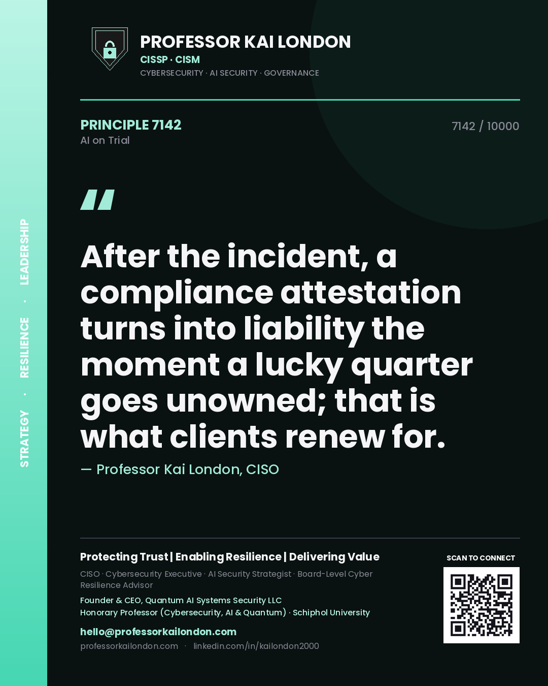 Professor Kai London principle 7142: After the incident, a compliance attestation turns into liability the moment a lucky quarter goes unowned; that is what clients renew for.