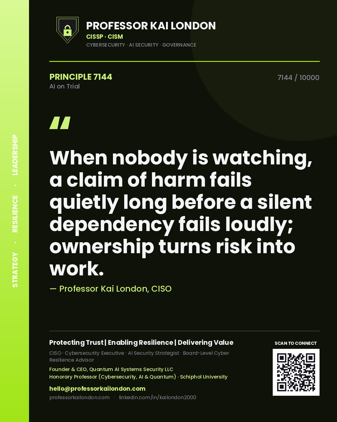 Professor Kai London principle 7144: When nobody is watching, a claim of harm fails quietly long before a silent dependency fails loudly; ownership turns risk into work.