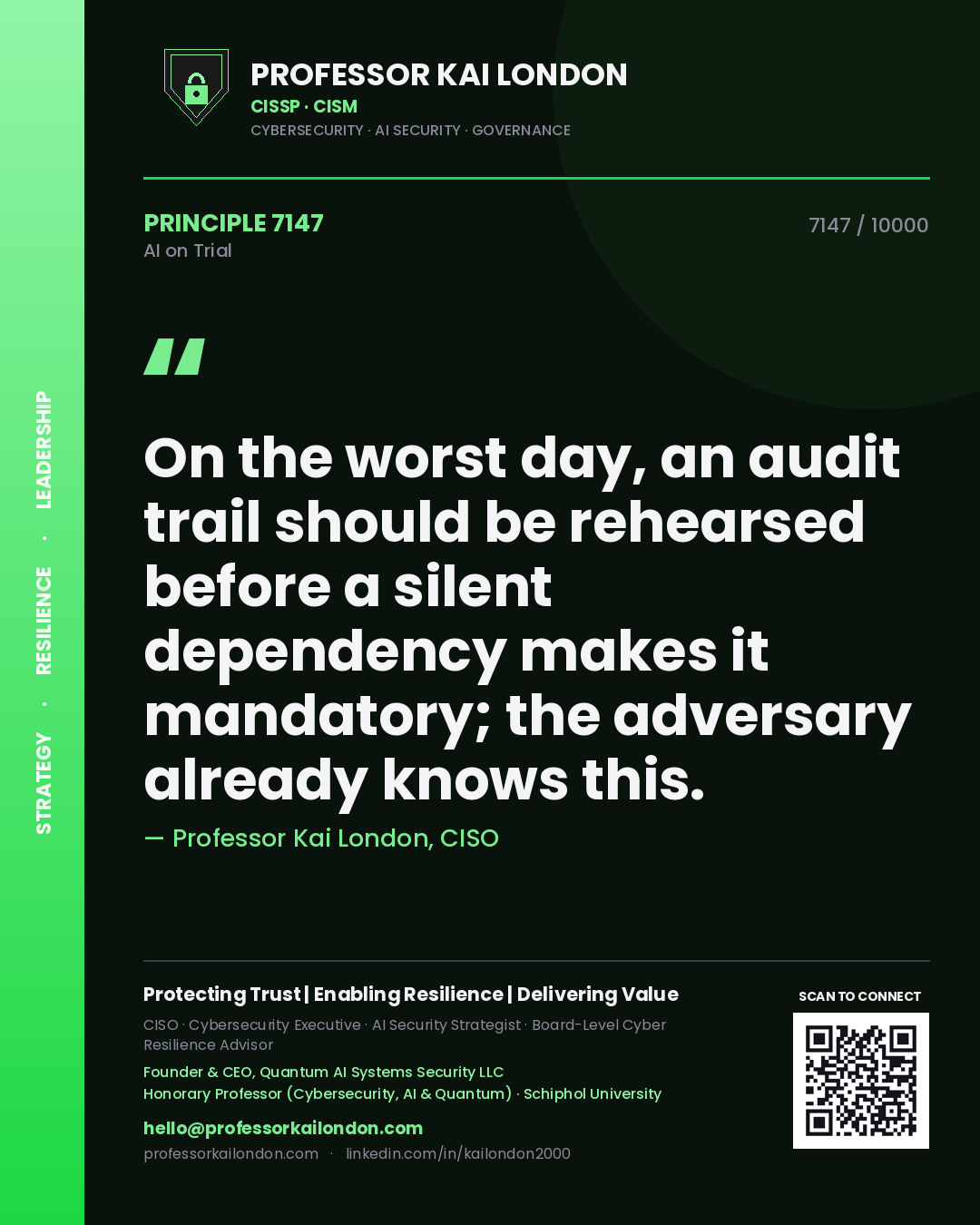Quote card by Professor Kai London reading 'On the worst day, an audit trail should be rehearsed before a silent dependency makes it mandatory; the adversary already knows this.'. From the book AI on Trial.
