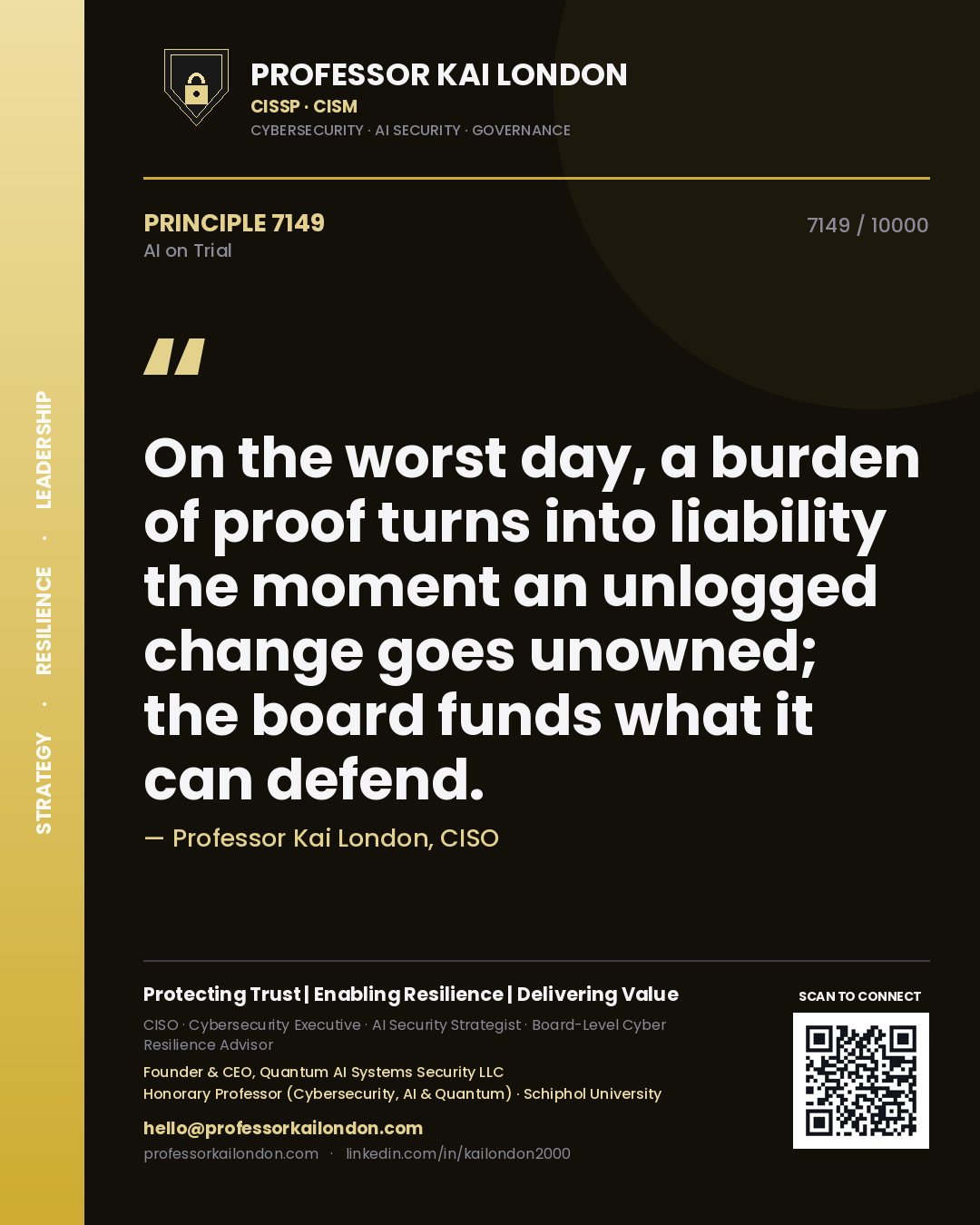 Professor Kai London principle 7149: On the worst day, a burden of proof turns into liability the moment an unlogged change goes unowned; the board funds what it can defend.