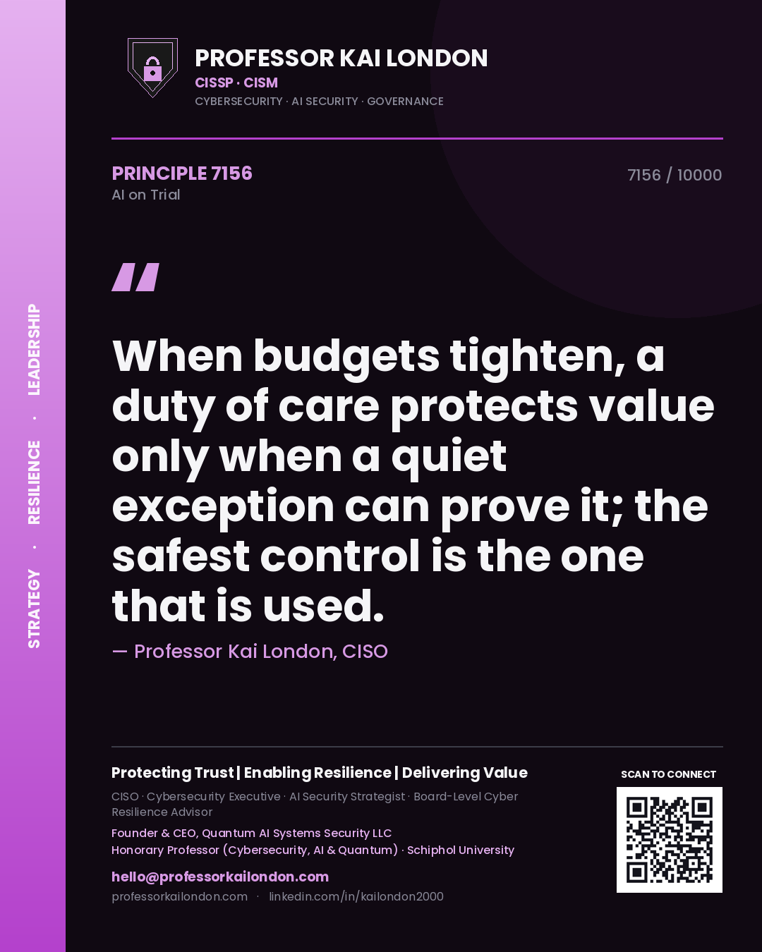 Quote card by Professor Kai London reading 'When budgets tighten, a duty of care protects value only when a quiet exception can prove it; the safest control is the one that is used.'. From the book AI on Trial.