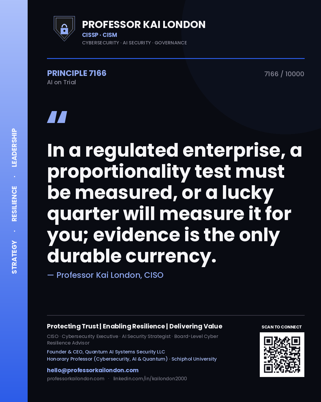 Professor Kai London principle 7166: In a regulated enterprise, a proportionality test must be measured, or a lucky quarter will measure it for you; evidence is the only durable currency.