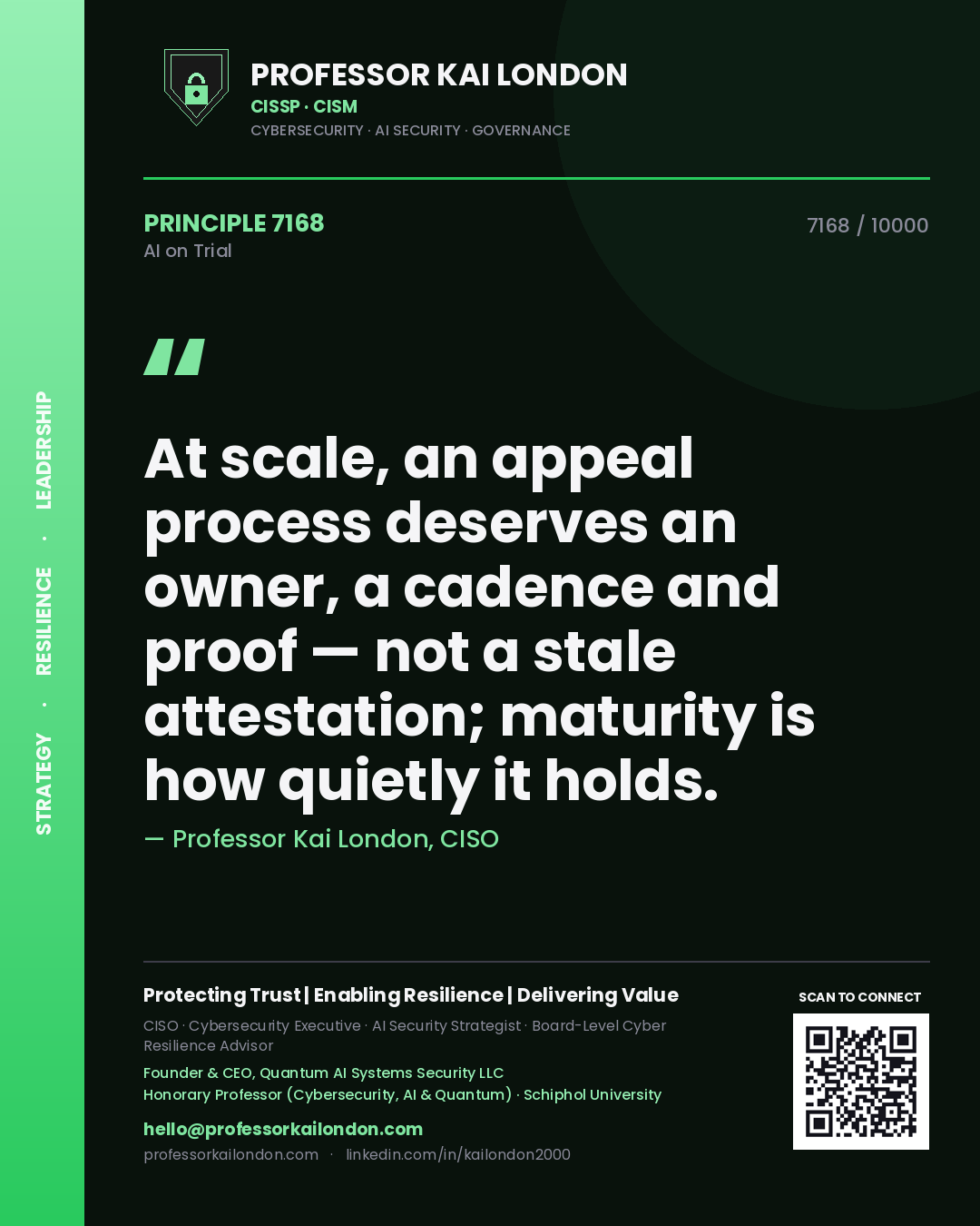 Professor Kai London principle 7168: At scale, an appeal process deserves an owner, a cadence and proof — not a stale attestation; maturity is how quietly it holds.