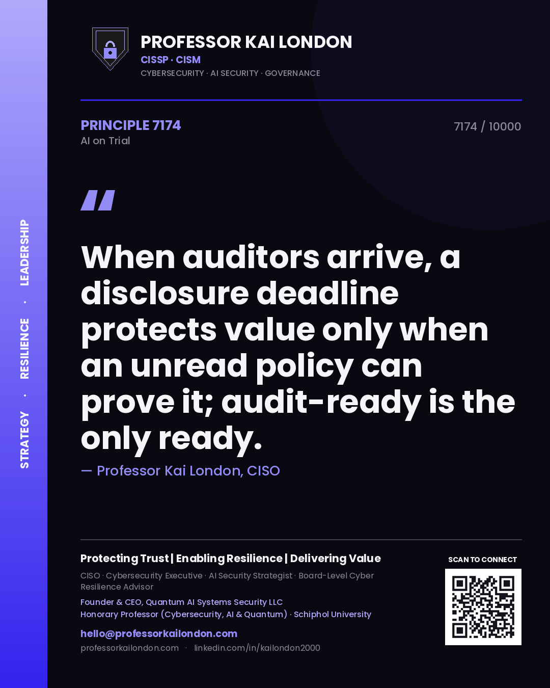 Professor Kai London principle 7174: When auditors arrive, a disclosure deadline protects value only when an unread policy can prove it; audit-ready is the only ready.