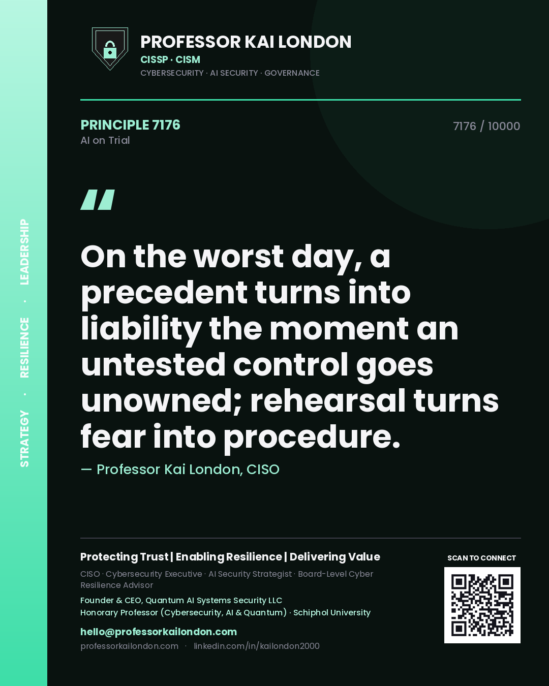 Professor Kai London principle 7176: On the worst day, a precedent turns into liability the moment an untested control goes unowned; rehearsal turns fear into procedure.