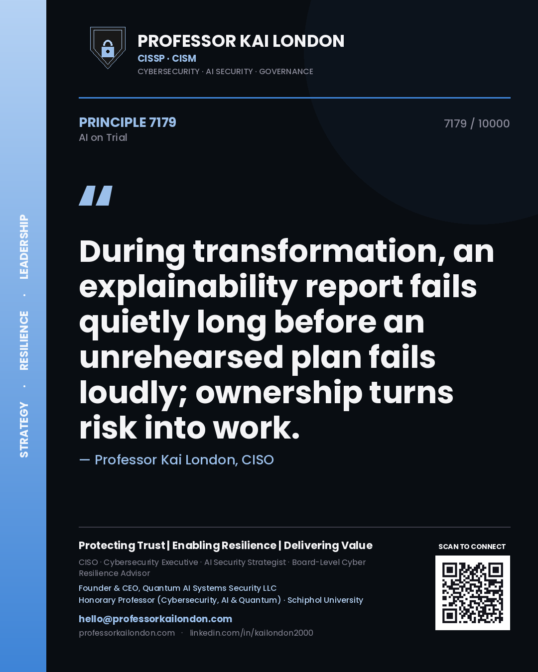 Quote card by Professor Kai London reading 'During transformation, an explainability report fails quietly long before an unrehearsed plan fails loudly; ownership turns risk into work.'. From the book AI on Trial.