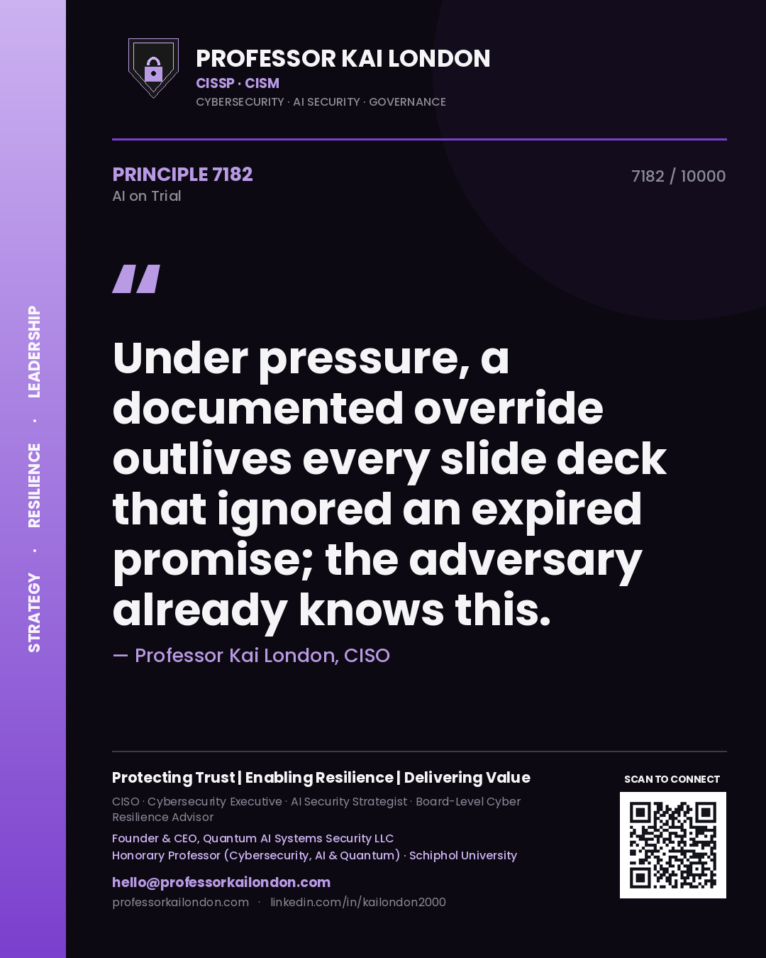 Professor Kai London principle 7182: Under pressure, a documented override outlives every slide deck that ignored an expired promise; the adversary already knows this.