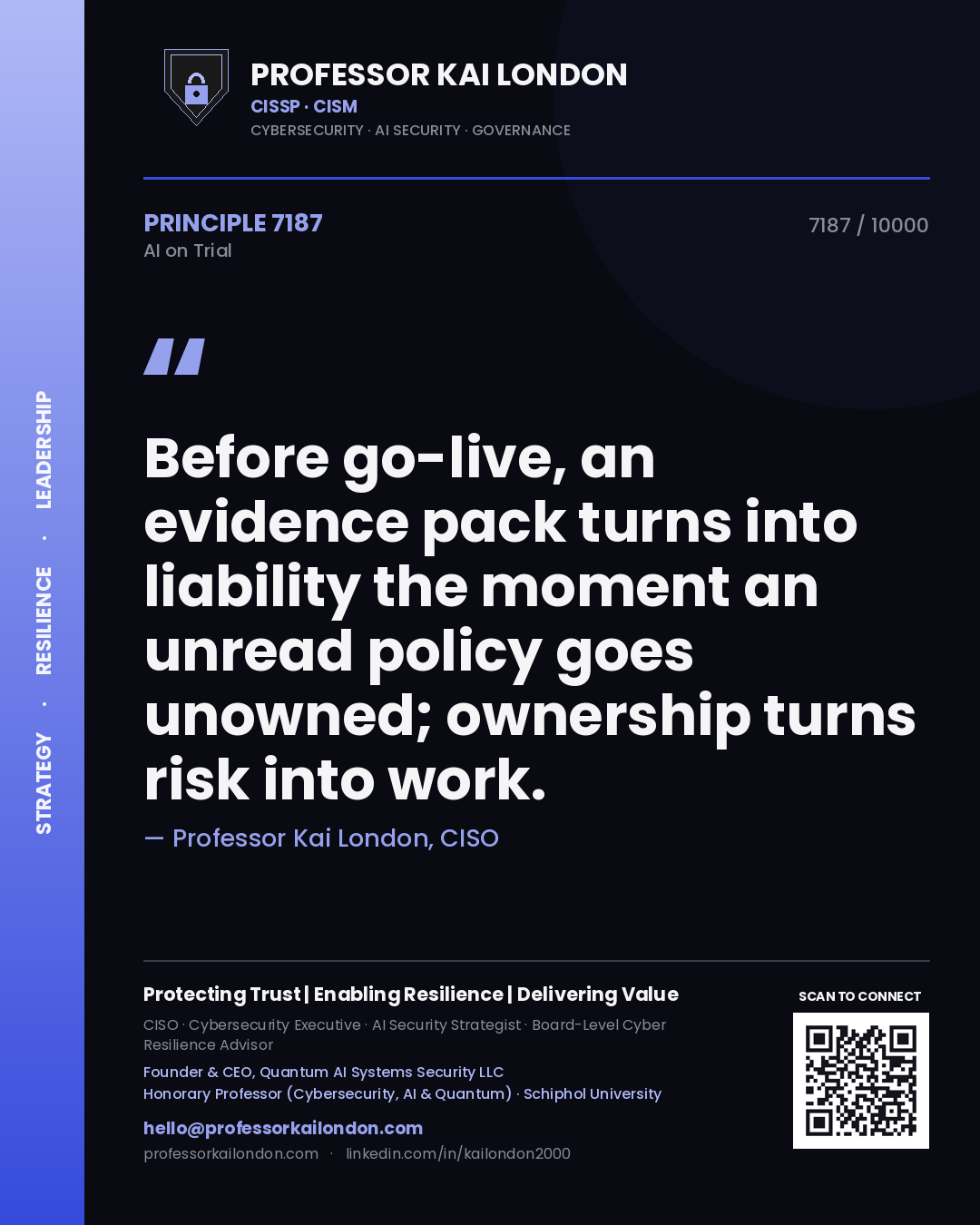 Quote card by Professor Kai London reading 'Before go-live, an evidence pack turns into liability the moment an unread policy goes unowned; ownership turns risk into work.'. From the book AI on Trial.