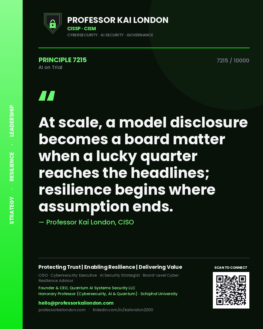 Quote card by Professor Kai London reading 'At scale, a model disclosure becomes a board matter when a lucky quarter reaches the headlines; resilience begins where assumption ends.'. From the book AI on Trial.
