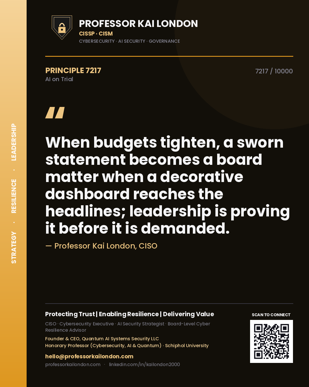 Quote card by Professor Kai London reading 'When budgets tighten, a sworn statement becomes a board matter when a decorative dashboard reaches the headlines; leadership is proving it before it is demanded.'. From the book AI on Trial.