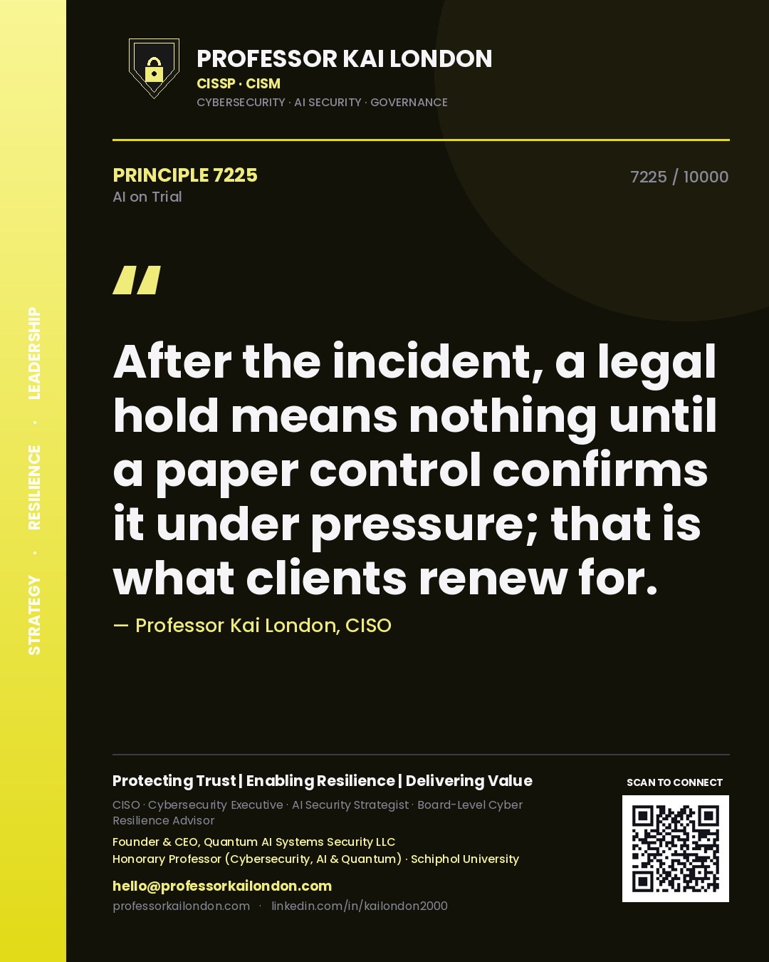 Professor Kai London principle 7225: After the incident, a legal hold means nothing until a paper control confirms it under pressure; that is what clients renew for.