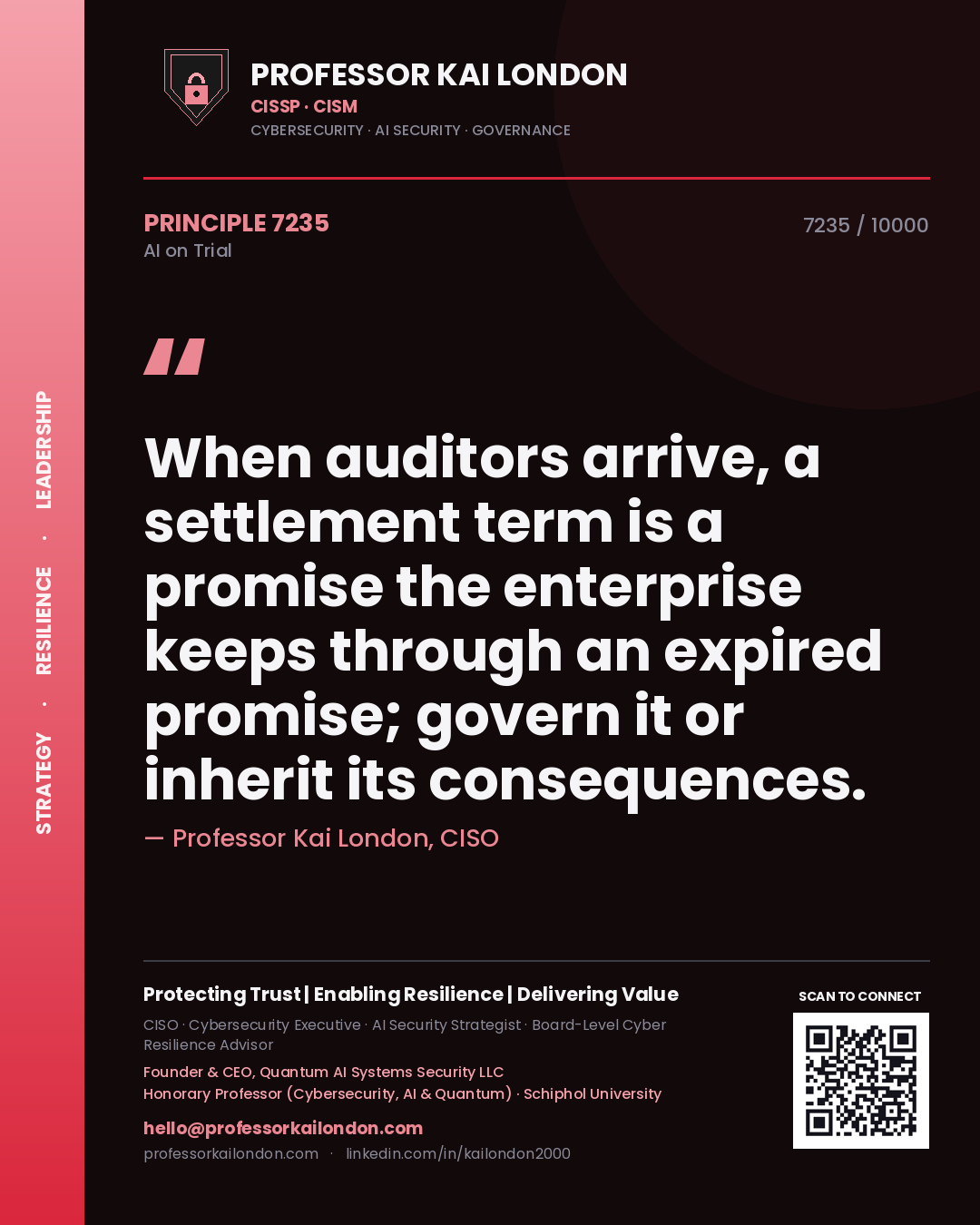 Quote card by Professor Kai London reading 'When auditors arrive, a settlement term is a promise the enterprise keeps through an expired promise; govern it or inherit its consequences.'. From the book AI on Trial.