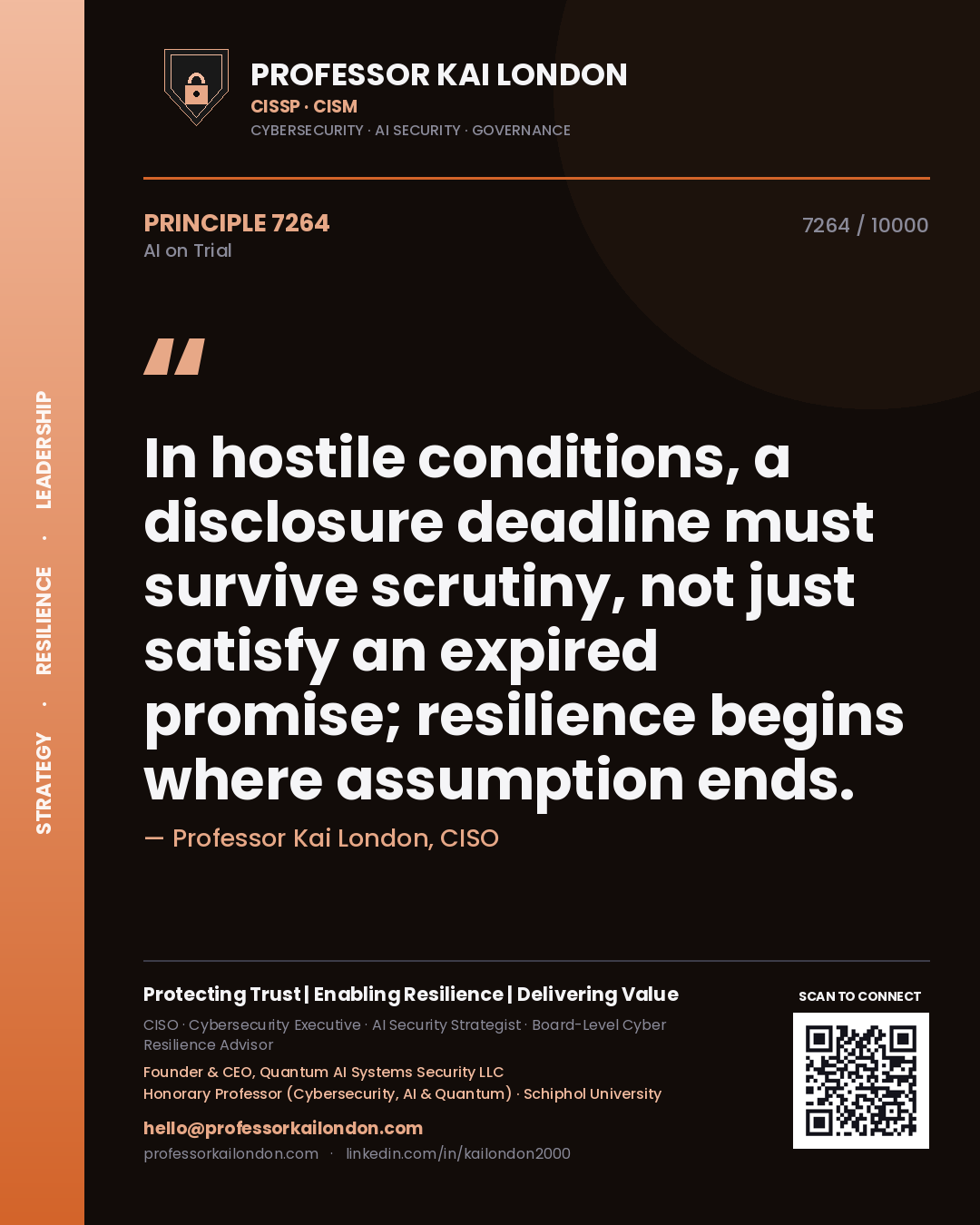 Quote card by Professor Kai London reading 'In hostile conditions, a disclosure deadline must survive scrutiny, not just satisfy an expired promise; resilience begins where assumption ends.'. From the book AI on Trial.