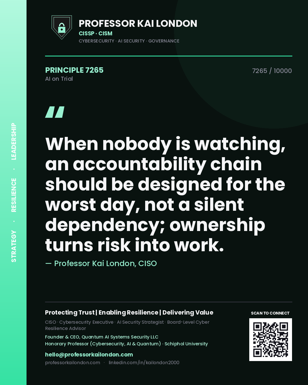 Quote card by Professor Kai London reading 'When nobody is watching, an accountability chain should be designed for the worst day, not a silent dependency; ownership turns risk into work.'. From the book AI on Trial.