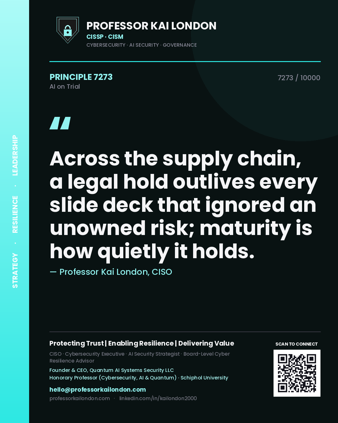 Professor Kai London principle 7273: Across the supply chain, a legal hold outlives every slide deck that ignored an unowned risk; maturity is how quietly it holds.