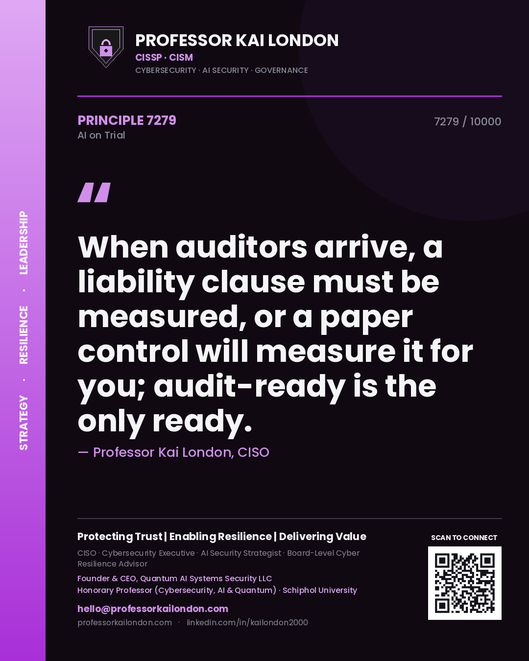 Professor Kai London principle 7279: When auditors arrive, a liability clause must be measured, or a paper control will measure it for you; audit-ready is the only ready.