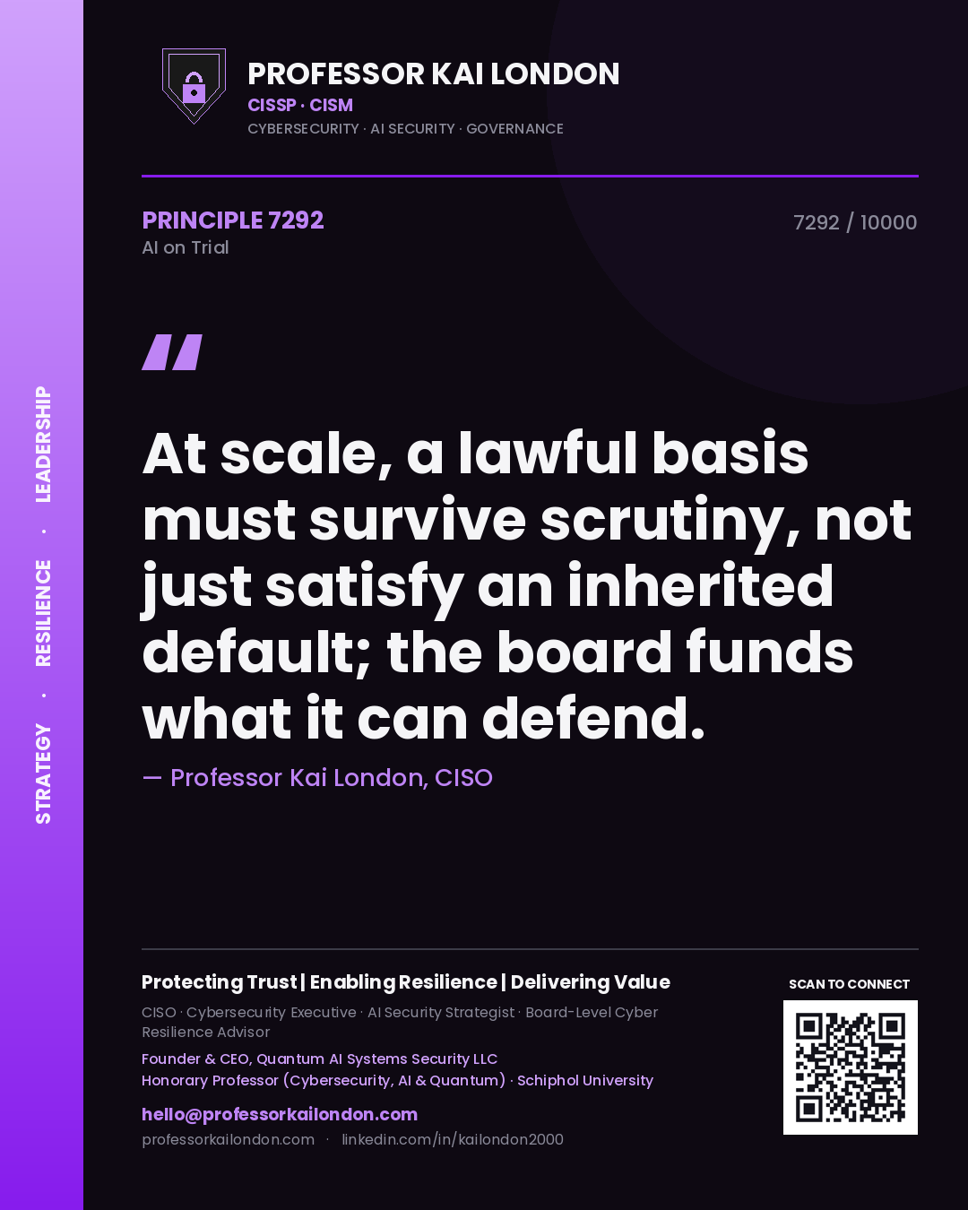 Quote card by Professor Kai London reading 'At scale, a lawful basis must survive scrutiny, not just satisfy an inherited default; the board funds what it can defend.'. From the book AI on Trial.