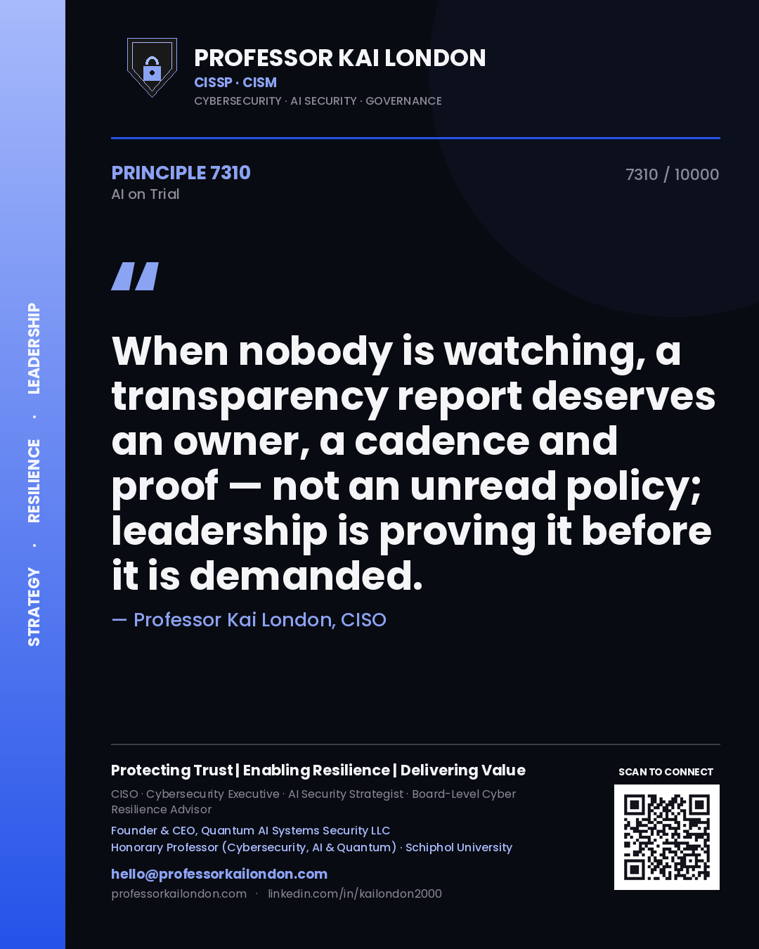 Professor Kai London principle 7310: When nobody is watching, a transparency report deserves an owner, a cadence and proof — not an unread policy; leadership is proving it before it is demanded.