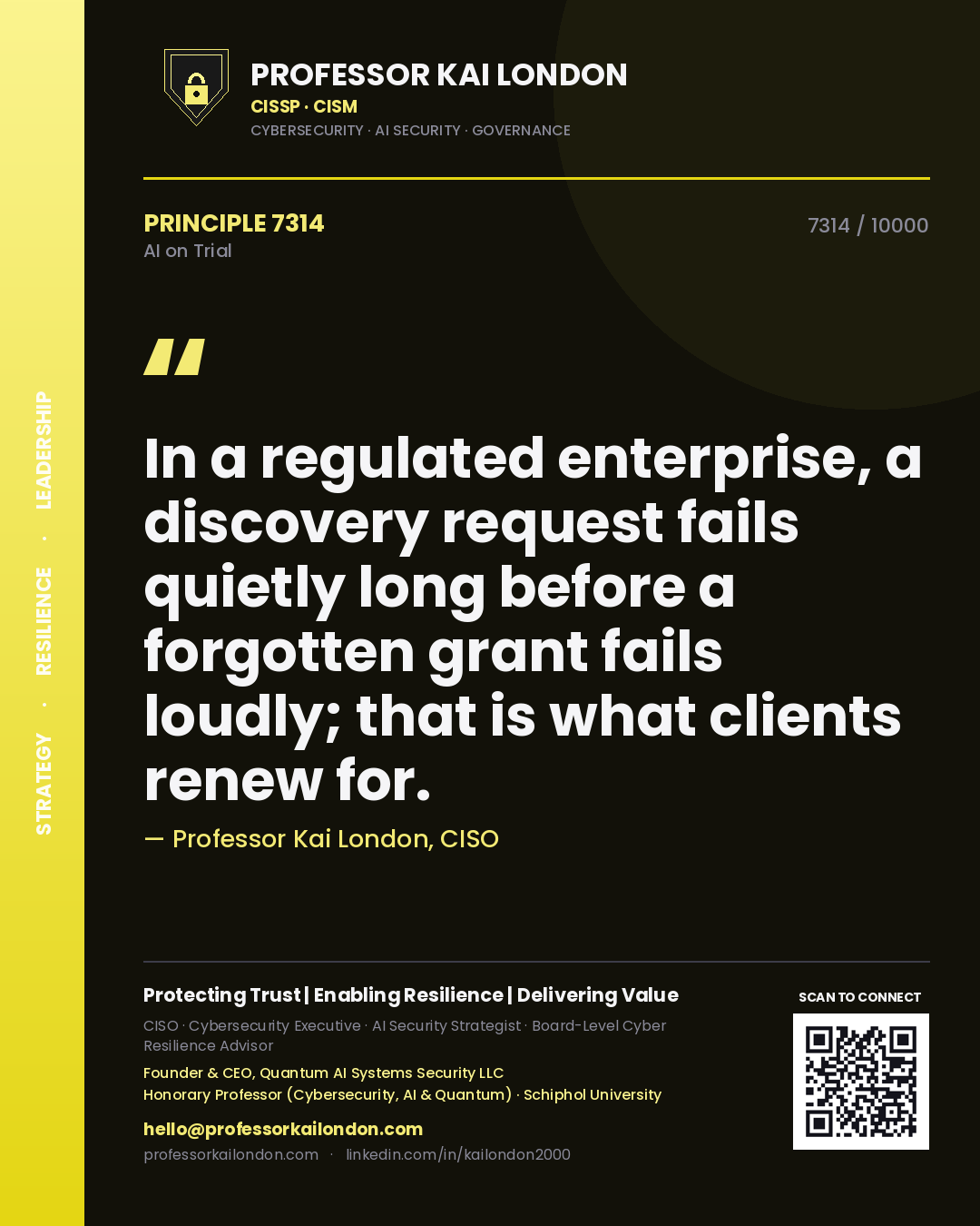 Quote card by Professor Kai London reading 'In a regulated enterprise, a discovery request fails quietly long before a forgotten grant fails loudly; that is what clients renew for.'. From the book AI on Trial.