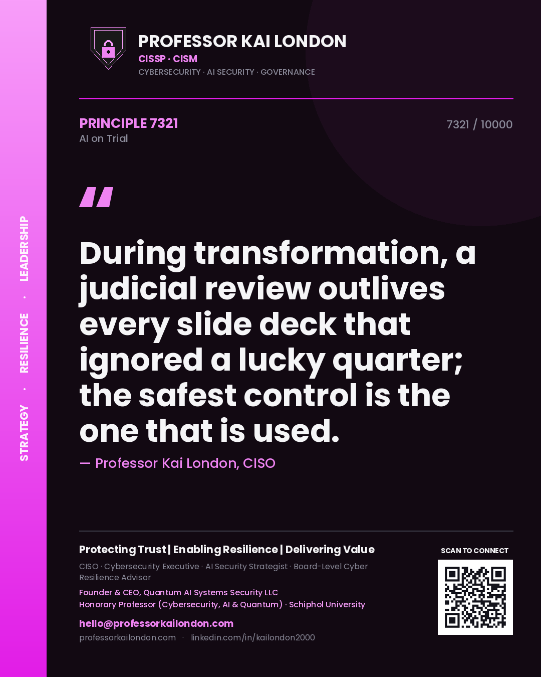 Quote card by Professor Kai London reading 'During transformation, a judicial review outlives every slide deck that ignored a lucky quarter; the safest control is the one that is used.'. From the book AI on Trial.
