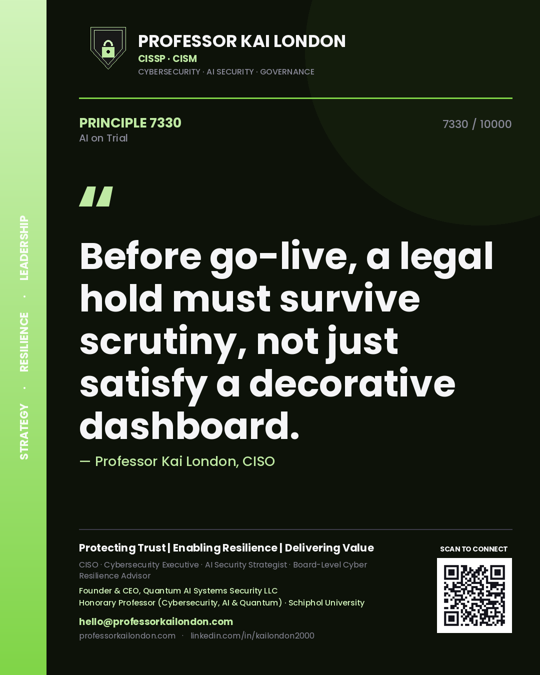 Quote card by Professor Kai London reading 'Before go-live, a legal hold must survive scrutiny, not just satisfy a decorative dashboard.'. From the book AI on Trial.
