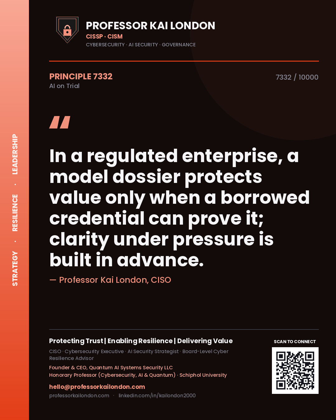 Professor Kai London principle 7332: In a regulated enterprise, a model dossier protects value only when a borrowed credential can prove it; clarity under pressure is built in advance.