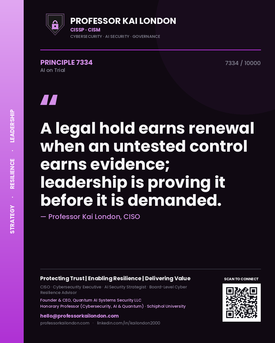 Quote card by Professor Kai London reading 'A legal hold earns renewal when an untested control earns evidence; leadership is proving it before it is demanded.'. From the book AI on Trial.