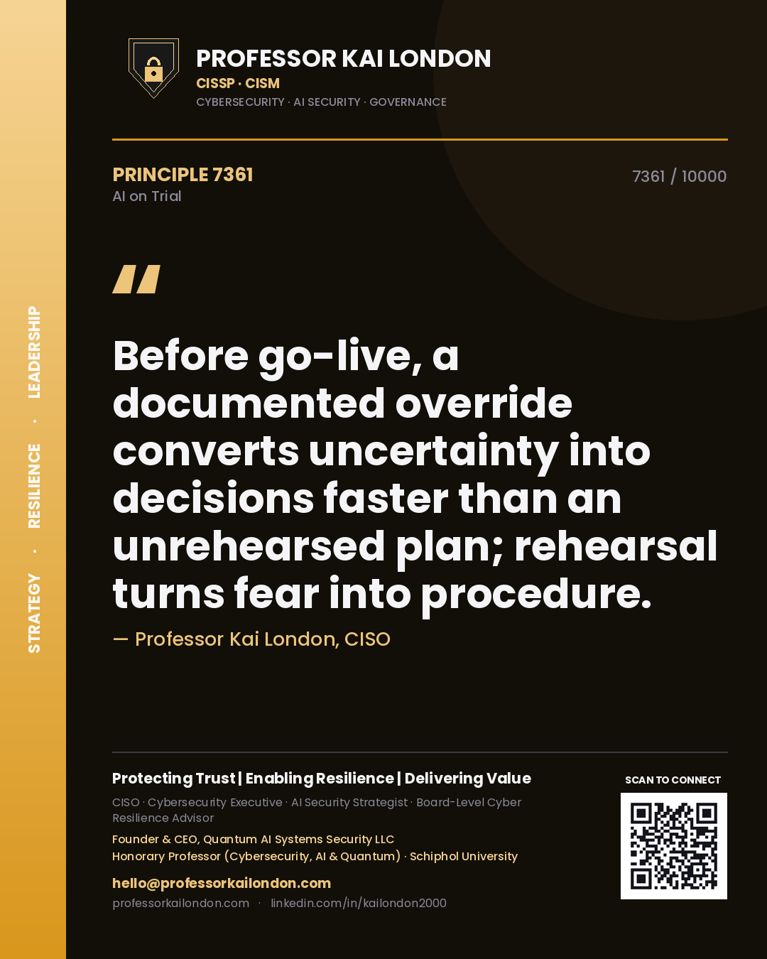 Quote card by Professor Kai London reading 'Before go-live, a documented override converts uncertainty into decisions faster than an unrehearsed plan; rehearsal turns fear into procedure.'. From the book AI on Trial.