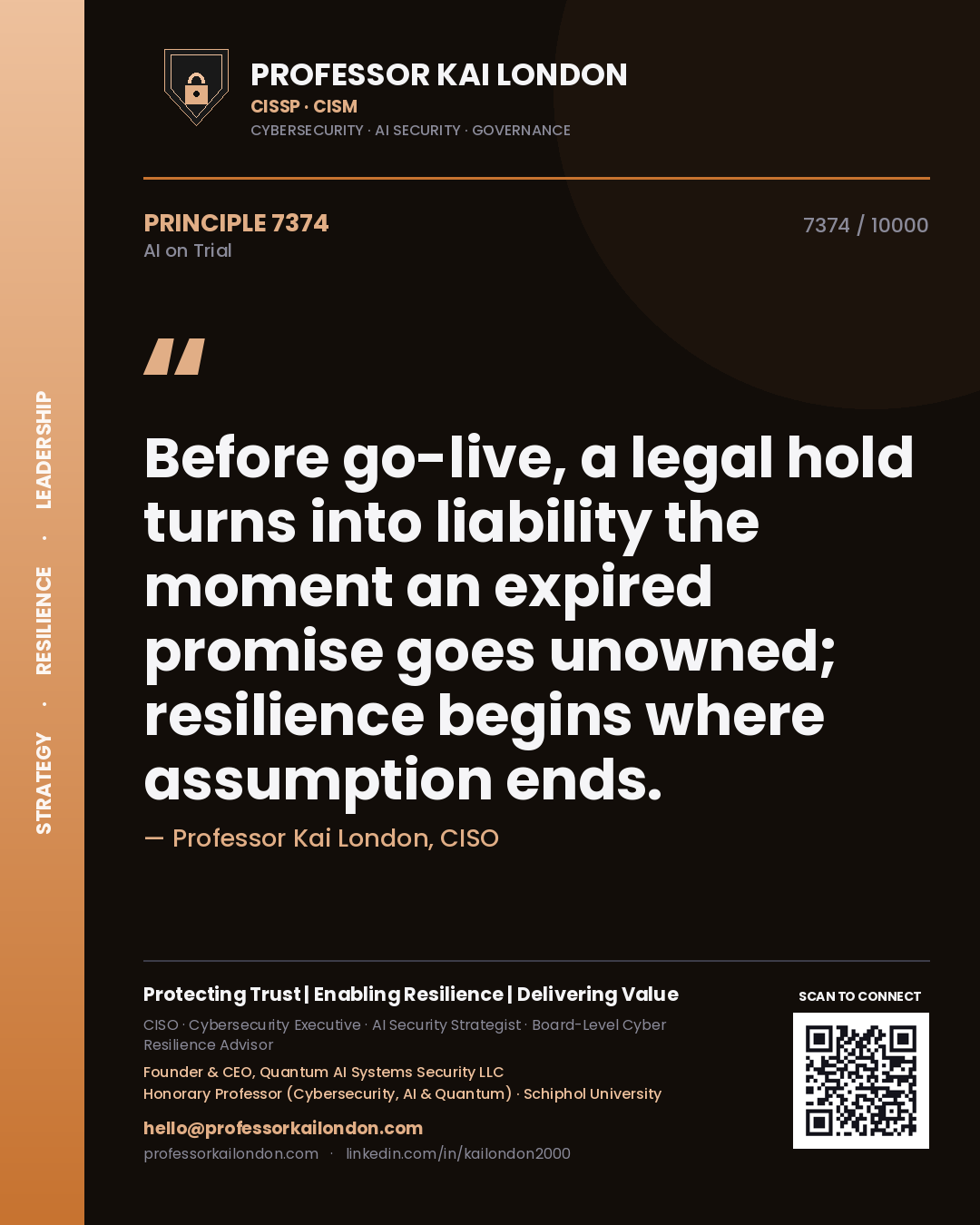 Professor Kai London principle 7374: Before go-live, a legal hold turns into liability the moment an expired promise goes unowned; resilience begins where assumption ends.