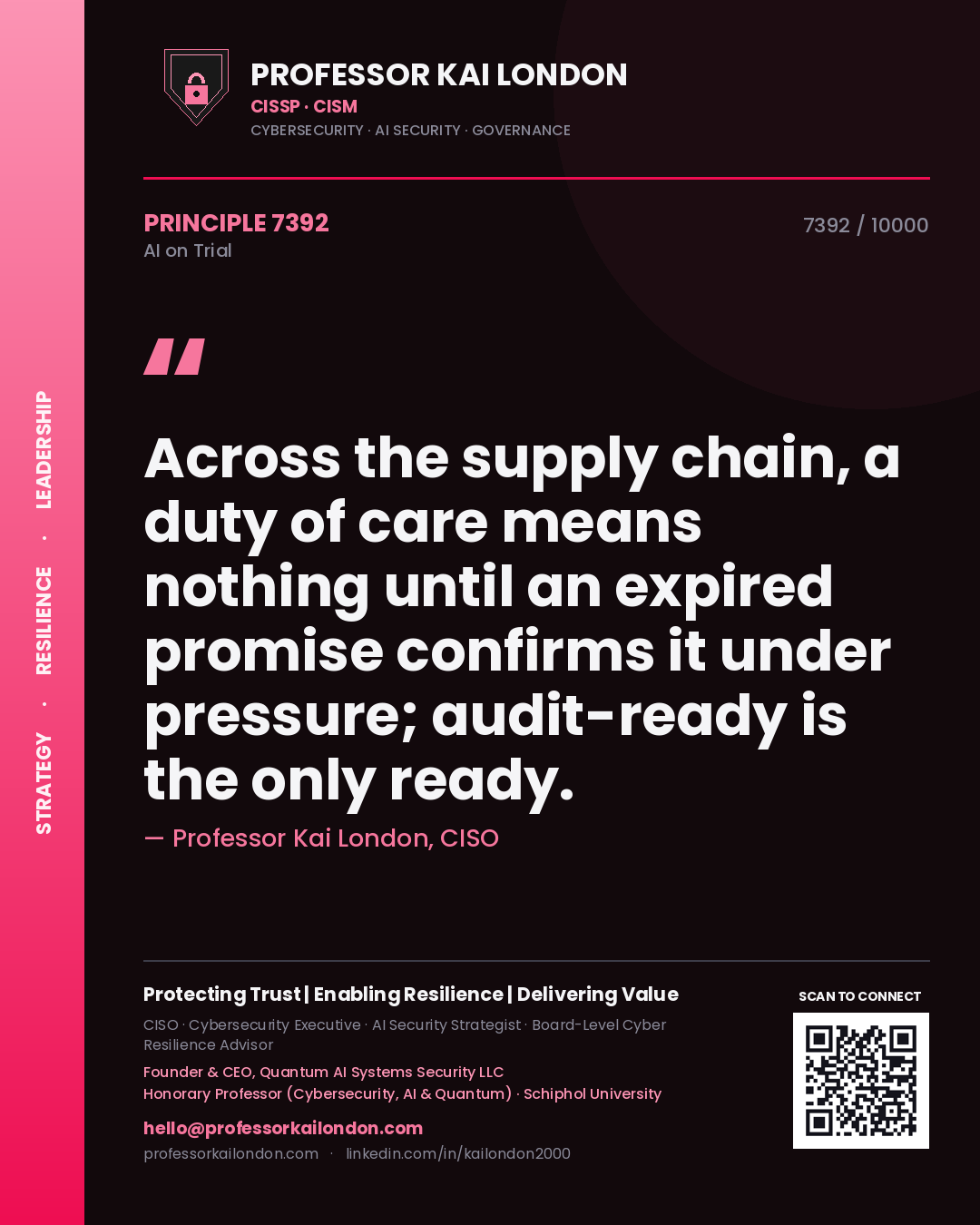 Quote card by Professor Kai London reading 'Across the supply chain, a duty of care means nothing until an expired promise confirms it under pressure; audit-ready is the only ready.'. From the book AI on Trial.