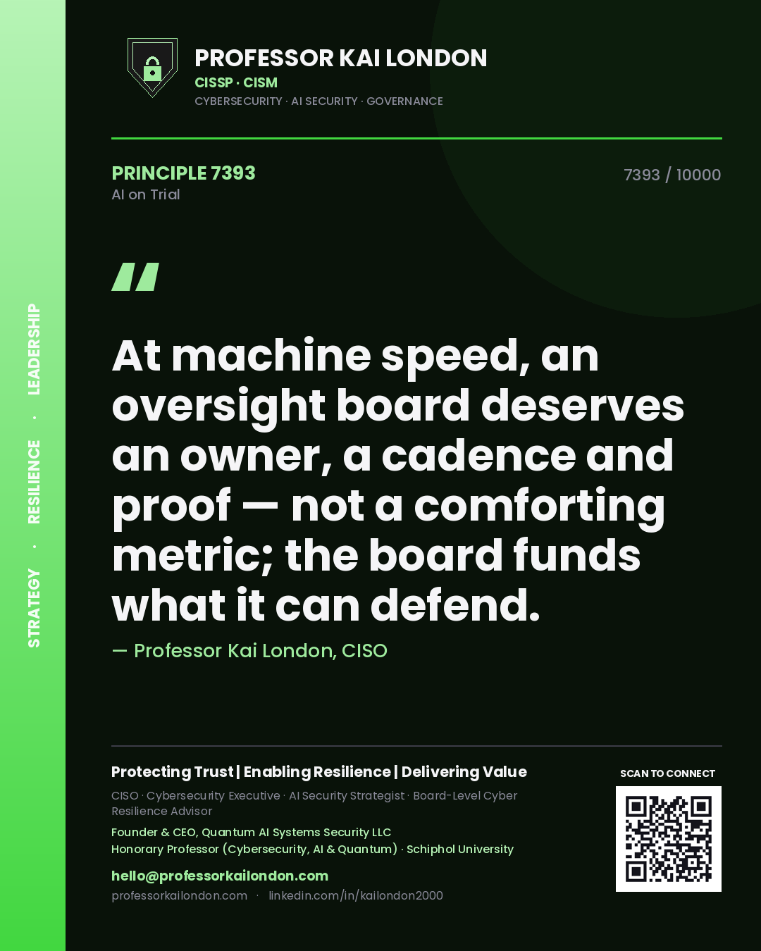 Quote card by Professor Kai London reading 'At machine speed, an oversight board deserves an owner, a cadence and proof — not a comforting metric; the board funds what it can defend.'. From the book AI on Trial.