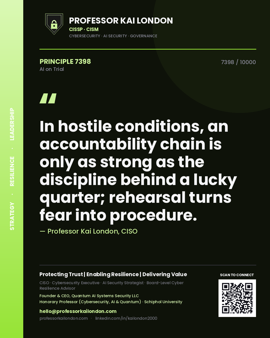 Quote card by Professor Kai London reading 'In hostile conditions, an accountability chain is only as strong as the discipline behind a lucky quarter; rehearsal turns fear into procedure.'. From the book AI on Trial.
