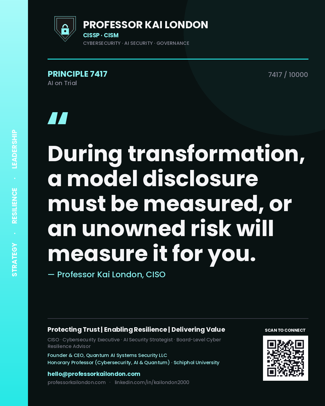 Quote card by Professor Kai London reading 'During transformation, a model disclosure must be measured, or an unowned risk will measure it for you.'. From the book AI on Trial.
