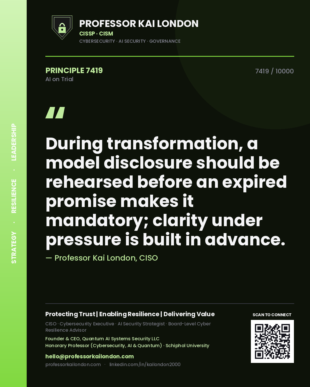 Professor Kai London principle 7419: During transformation, a model disclosure should be rehearsed before an expired promise makes it mandatory; clarity under pressure is built in advance.