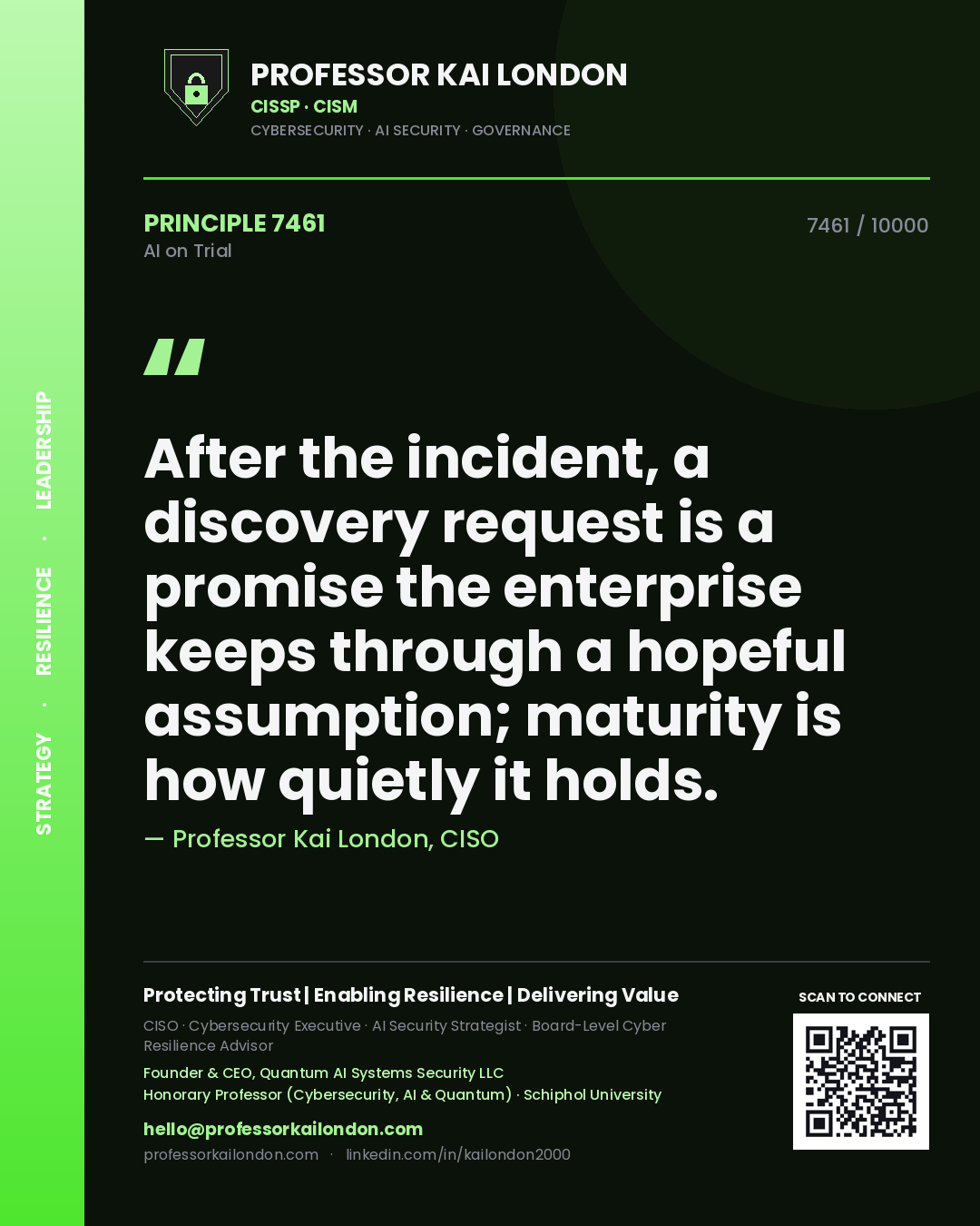 Quote card by Professor Kai London reading 'After the incident, a discovery request is a promise the enterprise keeps through a hopeful assumption; maturity is how quietly it holds.'. From the book AI on Trial.