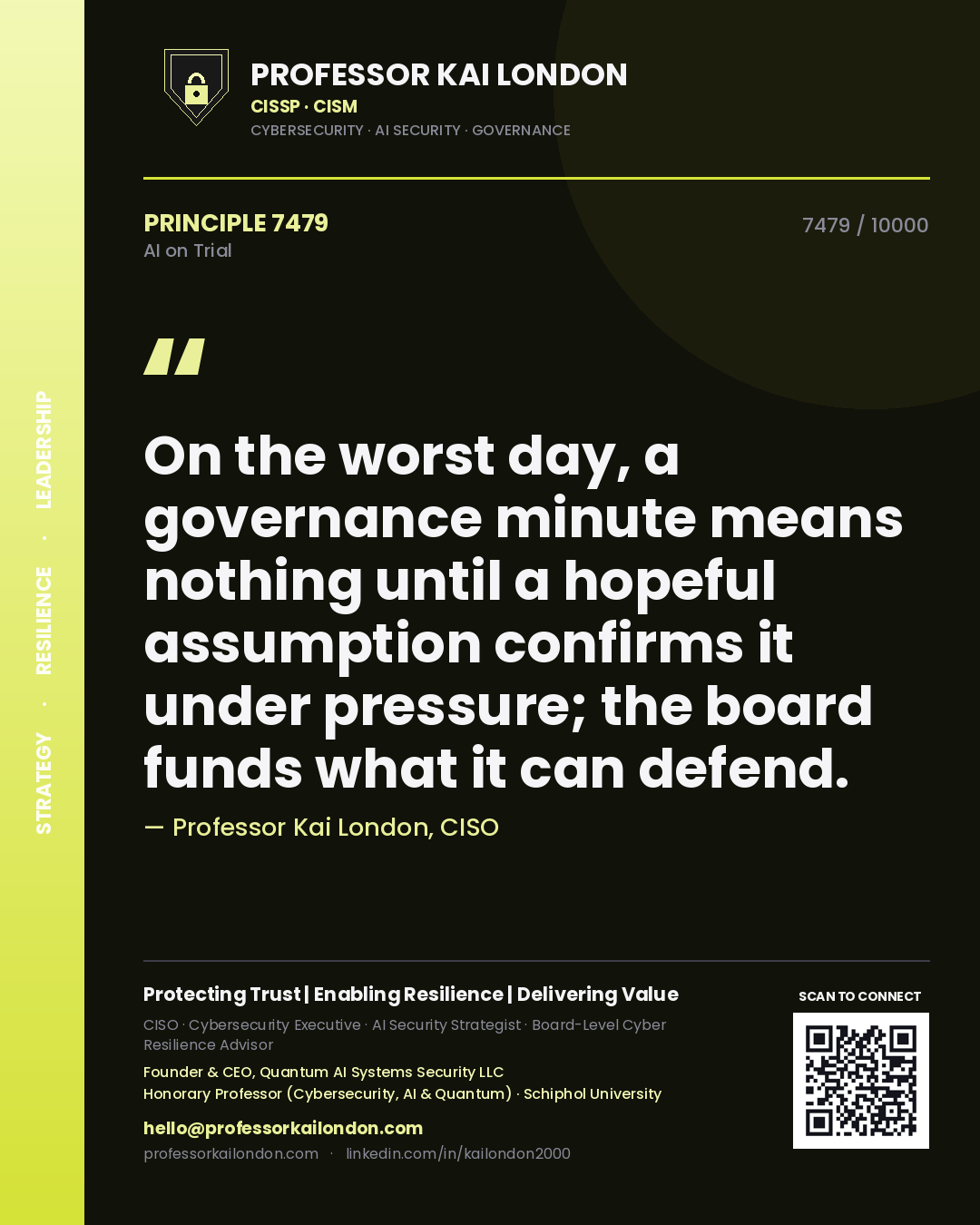 Quote card by Professor Kai London reading 'On the worst day, a governance minute means nothing until a hopeful assumption confirms it under pressure; the board funds what it can defend.'. From the book AI on Trial.