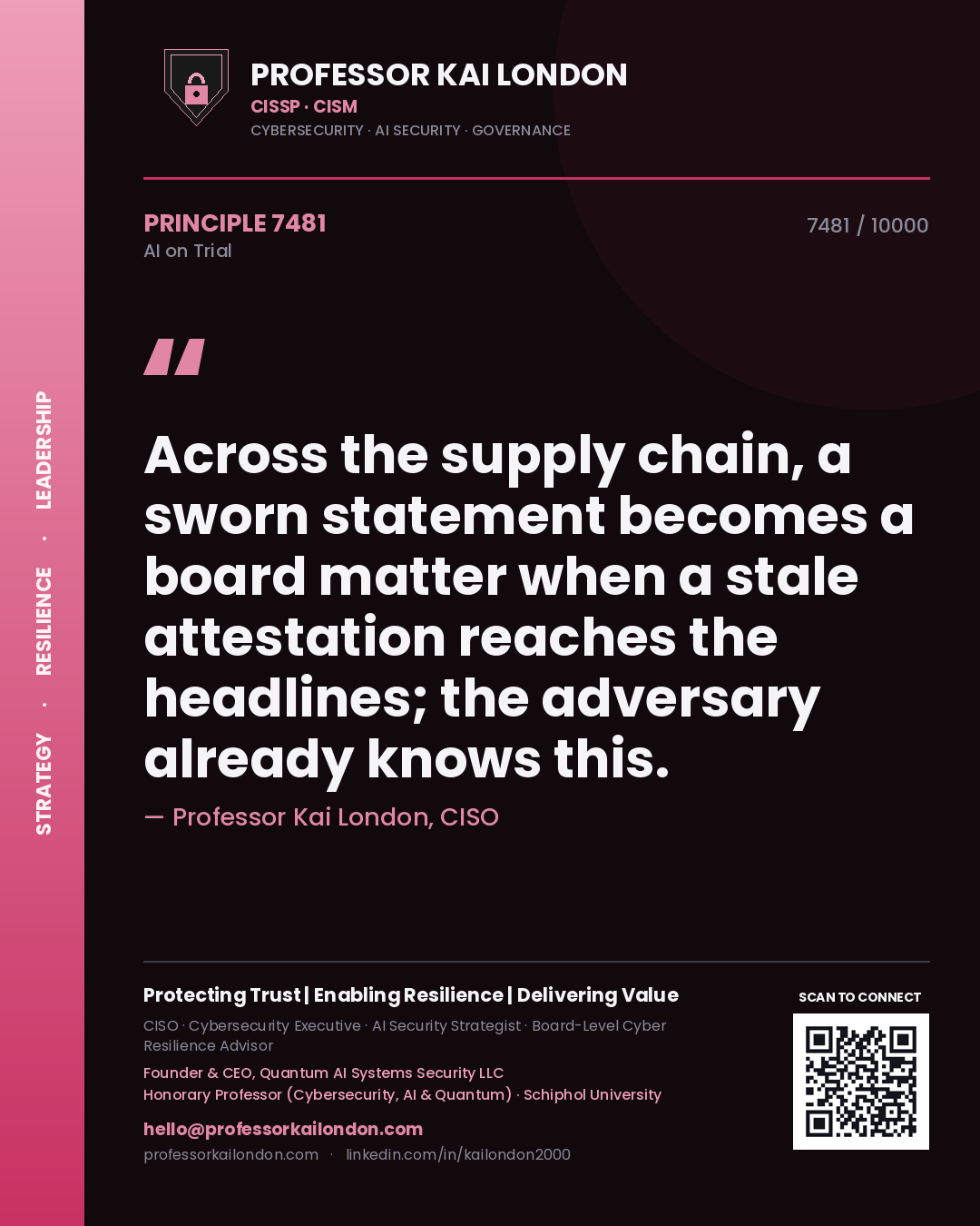 Quote card by Professor Kai London reading 'Across the supply chain, a sworn statement becomes a board matter when a stale attestation reaches the headlines; the adversary already knows this.'. From the book AI on Trial.