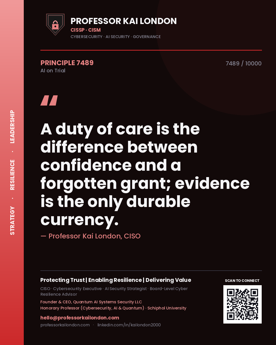 Quote card by Professor Kai London reading 'A duty of care is the difference between confidence and a forgotten grant; evidence is the only durable currency.'. From the book AI on Trial.